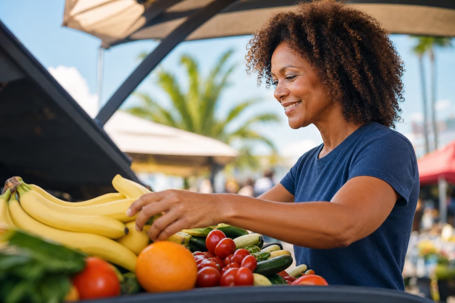 A woman choosing fresh produce at a farmers market — healthy aging through proactive longevity care